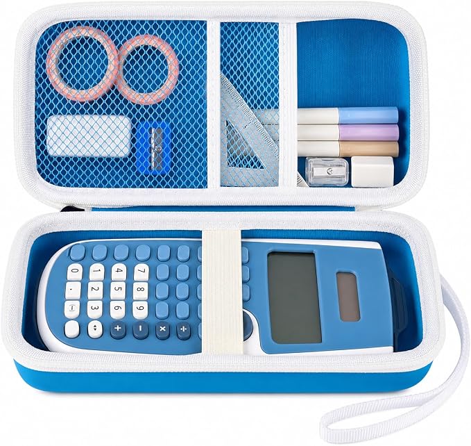 Blue Calculator Case for TI-30XS/TI-30XIIS/TI-30Xa/TI-36X Pro | Hard EVA Shell, Two-Layer Mesh Pockets, Elastic Holder, Wrist Strap, 8.27x 3.94 x 2.36 in, School Exam Carry