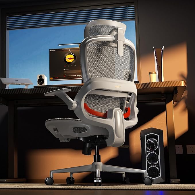 SIHOO B100 Mesh Ergonomic Office Chair with Adaptive Lumbar Support | Desk Chair with Wide Headrest, Flip-up Armrests, Swivel Desk Chair for Long Hours, Grey