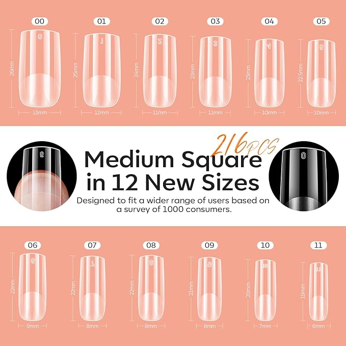modelones X Nail Gel Kit Kit Medium Square, 9-in-One Nail Glue with Portable U V Lamp 216Pcs 12Sizes Pre-Etched Press ons Fake Acrylic Extension Kit DIY Salon Gift for Women
