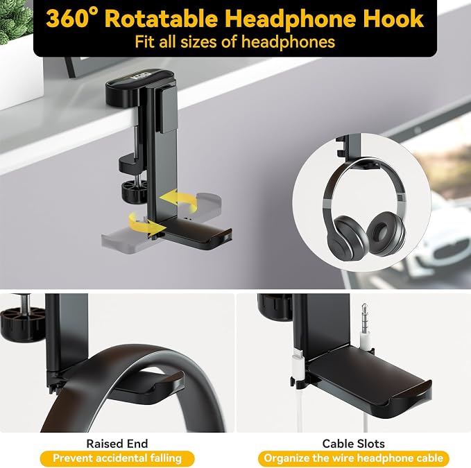 KDD 4 in 1 Desk Cup Holder - Clamp on Under Desk Headphone Hanger - Rotating Headphone Holder Detachable Pen Cup Holder Desktop Storage for Cup, Phone and Pen(Black)