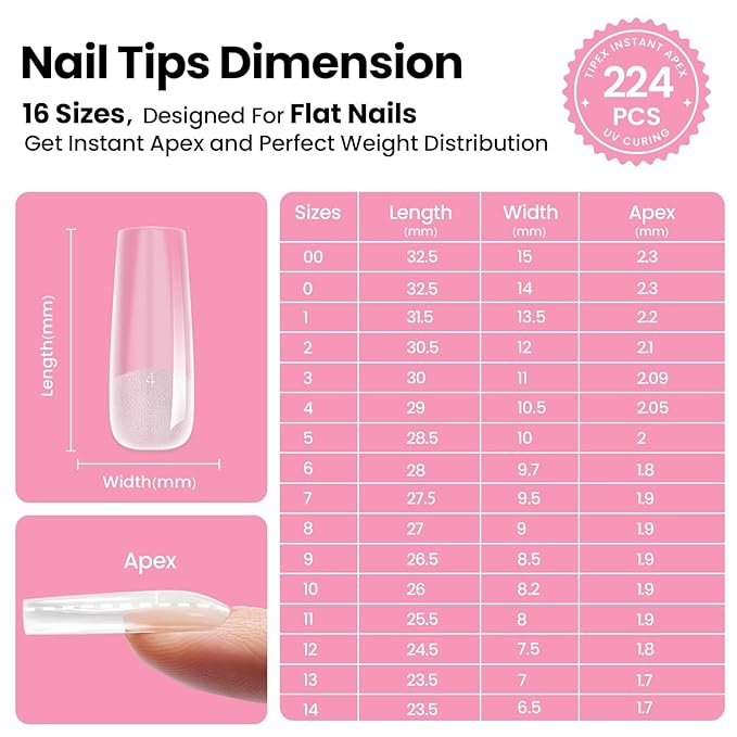 Beetles Tipex Instant Apex Nail Tips Kit with Dehydrator & Primer, Long Square, 224PCS 16 Sizes, Reinforced Apex for Strong Long-Lasting Wear, 20g Solid Nail Glue, Mini UV Lamp, Base & Top Coat