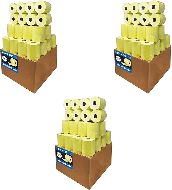(96 Rolls) 3 1/8 x 230 Yellow Thermal Paper Receipt Rolls (55 GSM Paper Thickness) fits all Clover POS Cash Register Printers from BuyRegisterRolls