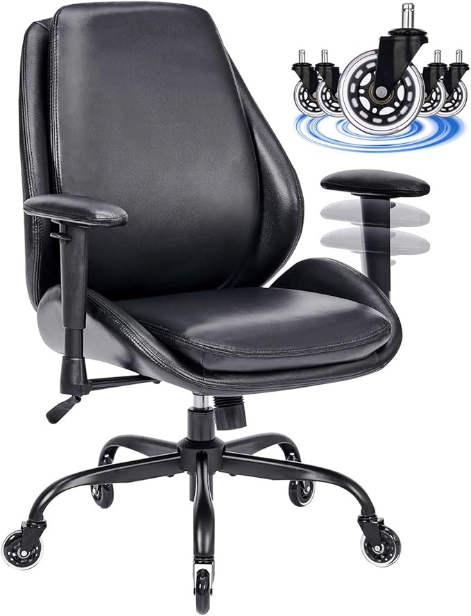 BEWISHOME Office Chair with Rubber Wheels, Big and Tall Office Chair, Ergonomic Office Chairs, Executive Desk Chair, Black PU Leather Computer Comfy Chairs with Lumbar Support, Adjustable Armrests