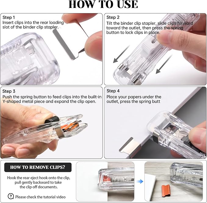 6 Pcs Portable Binder Clip Stapler with 300 Reusable Clips, Mini Stapler | Damage-free, No-drilling, Reusable Clam Clip 6 Colors, Handheld Paper Clam Clip Dispenser for School Office Fixing Documents