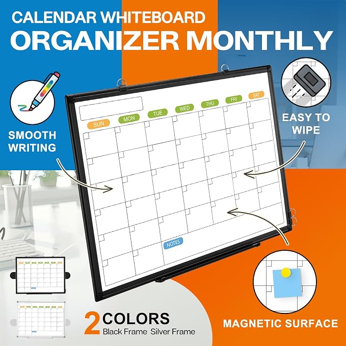 White Board Calendar 36 x 24 Monthly Whiteboard Dry Erase Calendar | Double-Sided Magnetic Calendar, Wall Planning Board with Marker Kits for Home, School, Office