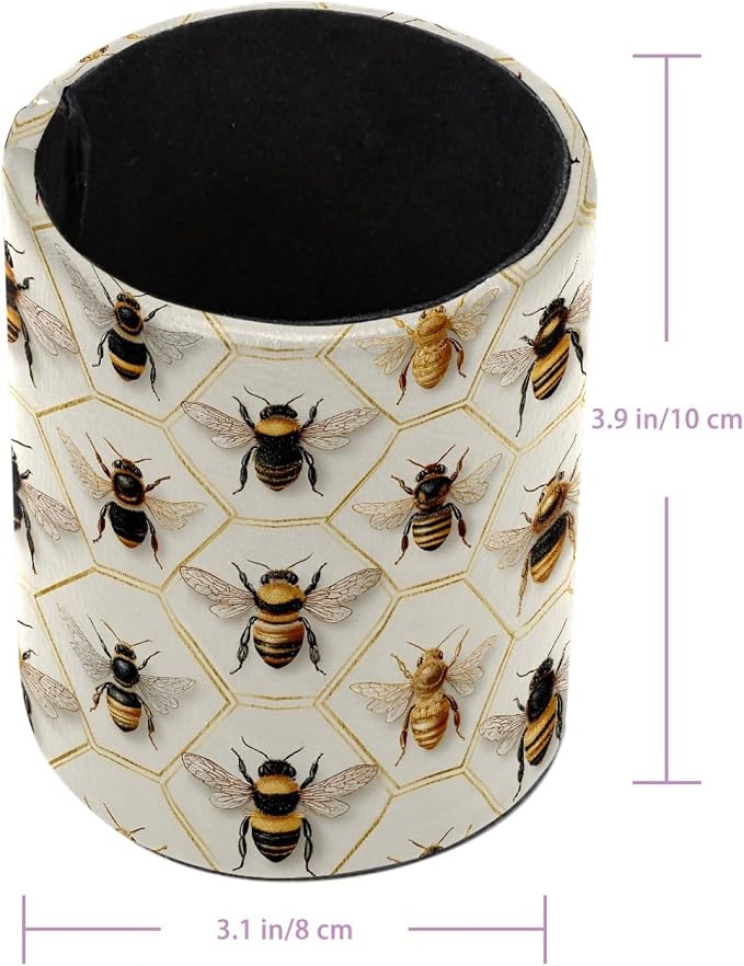 Leather Pen Holder for Desk, Honeycomb Bees Pencil Cup Pen Organizer Makeup Brush Holder for Office Home Kids Countertop Desk Accessory Storage