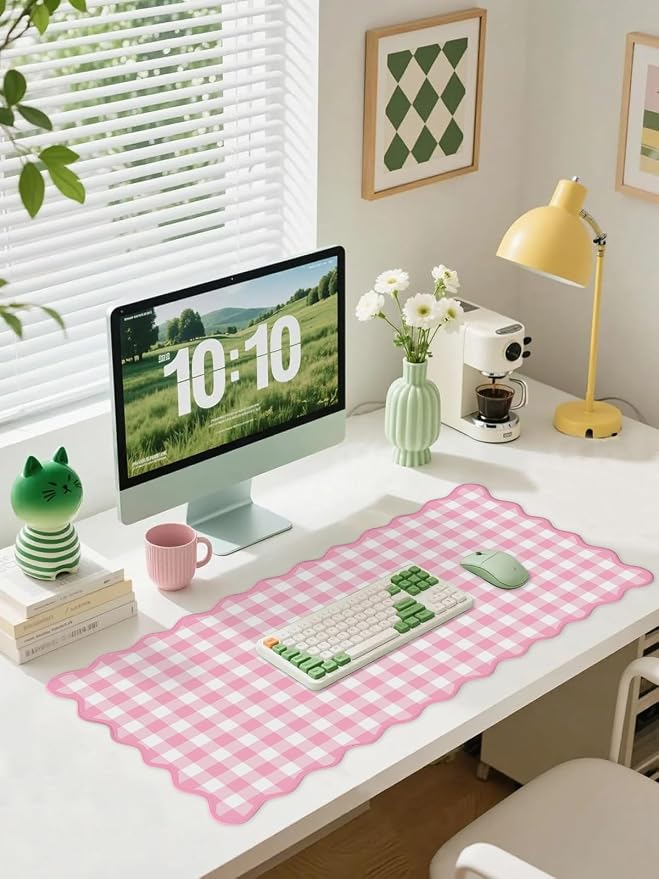 Scalloped‌ Pink Checkered Gingham Desk Mat Cute Pastel Large Mouse Pad Kawaii Cottagecore ‌Vintage‌ Girly Laptop Keyboard Computer Mat Pad Aesthetic Cozy Office Desk Decor for Women