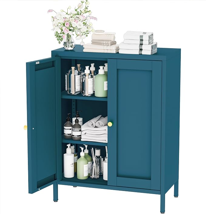YAUWOH Metal Bathroom Storage Cabinet,Bathroom Floor Storage Cabinet with 2 Adjustable Shelves and 2 Doors,Freestanding Sideboard for Small Spaces, Living Room, Home Office, Dining Room