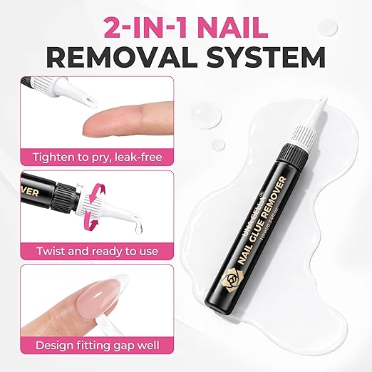 UNA GELLA 15g Semi Solid Nail Glue and 10ml Nail Glue Remover Kit for Press On Nails, No U V Light Needed Quick Dry Adhesive, Rotary Flow Control Debonder with Built-in Pry Bar Tip, 28+ Days Hold