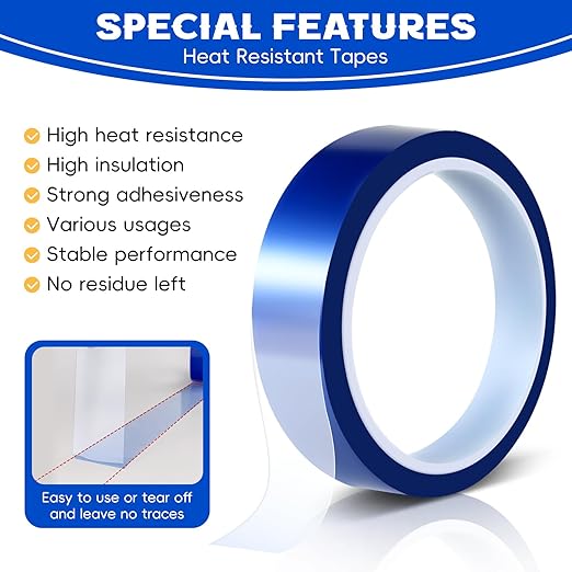 Heat Resistant Tape, 2Pack 20mmx33m(107ft) & 3 Pack10mmx33mm(107ft) Transparent Blue Heat Tape for Sublimation High Temperature Heat Transfer Tape for Heat Sublimation Press