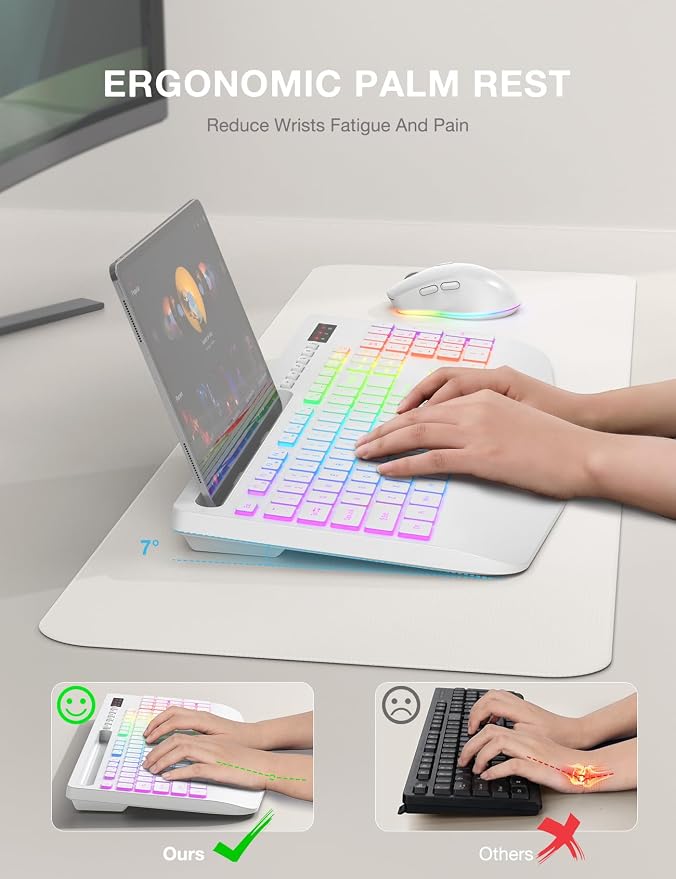 Wireless Keyboard and Mouse Combo - 9 Backlit Effects, RGB, 2.4Ghz | Ergonomic Wrist Rest, Phone Holder, Rechargeable, Full Size, KM22 MAX Silent Set for Computer, Laptop, Mac, Windows (White)