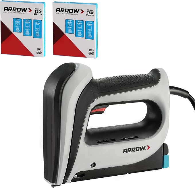Arrow Electric Staple Gun Kit with 3750 Pieces T50 Staples, T50ACD | Corded Stapler with 3750 Pieces T50 1/4", 3/8", 1/2" Staples, for Upholstery Professional and DIY Projects