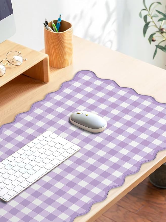 Scalloped‌ Purple Checkered Gingham Desk Mat Cute Pastel Large Mouse Pad Kawaii Cottagecore ‌Vintage‌ Girly Laptop Keyboard Computer Mat Pad Aesthetic Cozy Office Desk Decor for Women