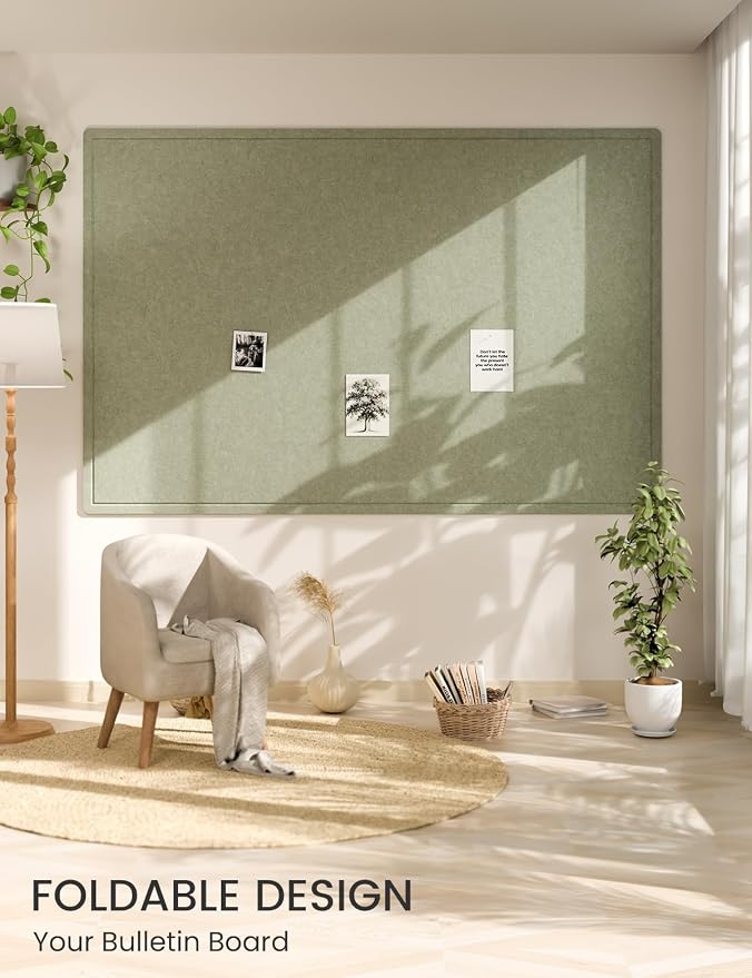 Fluxynara 70.8" x 47.2" Large Bulletin Board, Sage | Cork Board Alternative with 48 Removable Adhesive Tabs, Foldable Felt Pin Board for Home, Office, Classroom & Dorm