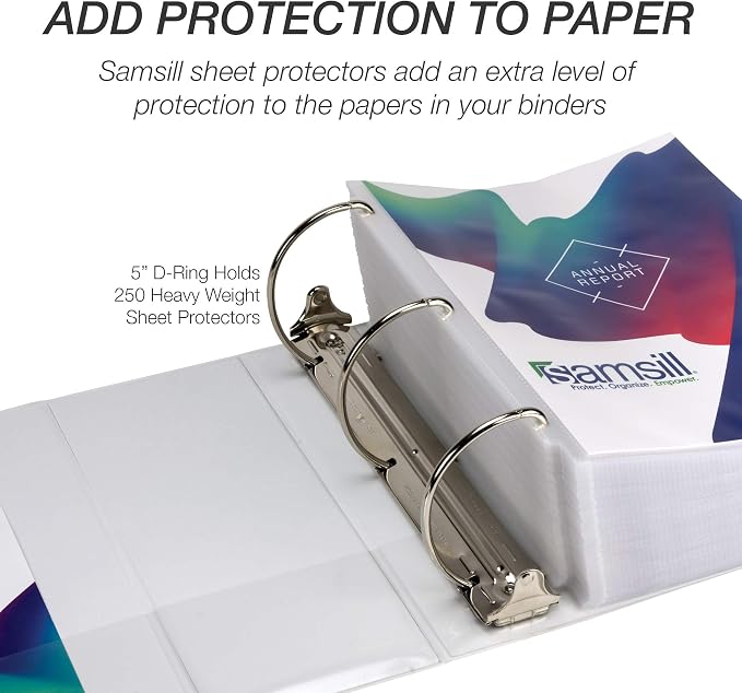 Samsill Durable 5 Inch 3 Ring Binder, D Ring Binder, Customizable Clear View, White, Holds 1070 Pages
