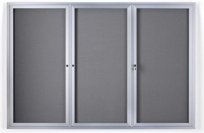 6 x 4 Foot Enclosed Bulletin Board with Fabric Interior, 3 Separate Locking Swing-Open Doors, 72 x 48 Inch Wall-Mounted Tack Board - Silver Aluminum Frame with Light Gray Interior