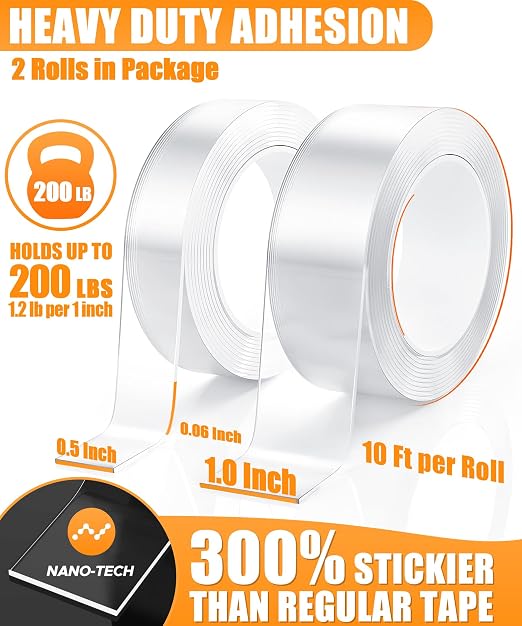 Double Sided Tape Heavy Duty 240", Extra Strong Waterproof Removable Nano Mounting Tape for Posters, Rugs, Picture Hanging, Wall Decor, Office & Outdoor Use Binding Tape