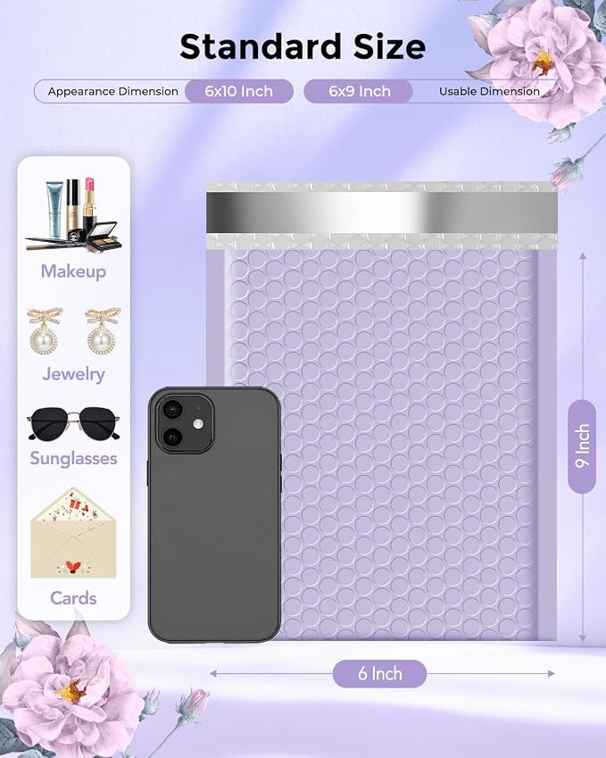Metronic Bubble Mailers 6x10" 600 Pack Lilac Purple Padded Envelopes Bulk | Usable Size 6x9" Waterproof Bubble Envelopes for Small Business Self-Seal Padded Mailers for Mailing Jewelry, Makeup #0