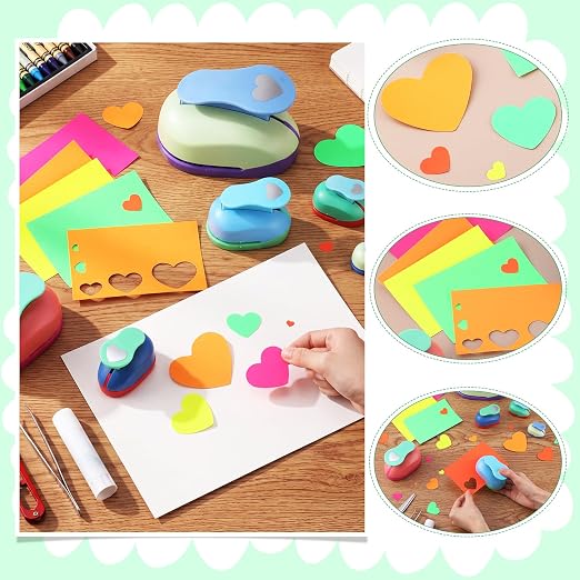 CHENGU 6 Pcs Heart Punch Set 3in/2in/1.5in/1in/0.6in/0.3in Scrapbook Hole Punchers Crafting with 10 Sticker Paper Heart Cutter Scrapbook for Office Supplies DIY Albums Photos(Multicolor)