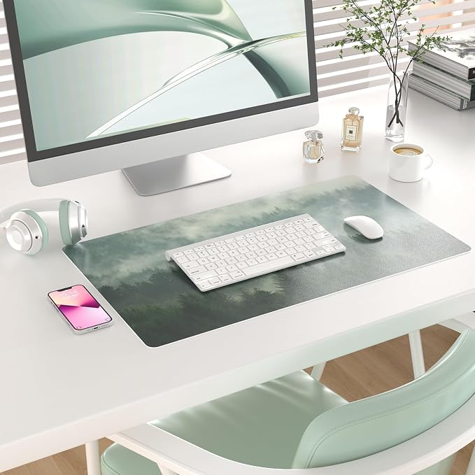 Colorful Star Large Mouse Pad, PU Leather Waterproof Desk Mat, Computer Gaming Mouse Pad, XXL Full Desk Mousepad Non Slip Desk Pad for School Office Home 23.6" x 13.8" - Foggy Forest Valley