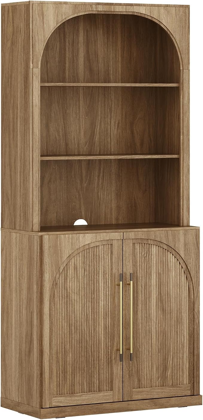 BELLEZE 72" Modern Wood Bookshelf with Arched Doors,Tall Storage Cabinet with Hutch and 3-Tier Shelves, Display Curio Cabinet for Kitchen, Dining Room, Living Room, or Office, Camel