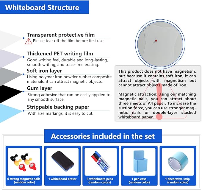Self-Adhesive Dry Erase Whiteboard Sticker, 59.05" x 39.37" Magnetic Receptive White Board Wall Film, No Ghosting, Easy Write & Clean | Peel & Stick for Office, Home & Classroom,Incl. Accessories