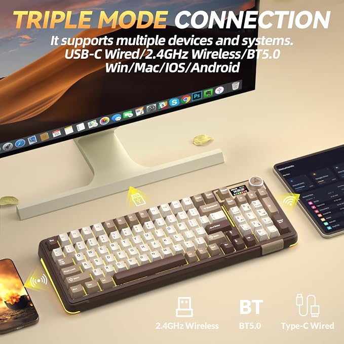 SOLAKAKA A99 Pro Mechanical Keyboard with LCD Screen & Metal Knob, Wireless Gaming Keyboard with BT5.0/2.4GHz/USB-C, Hot Swappable Creamy Keyboard, Gasket Structure, RGB Backlit, for Win/Mac