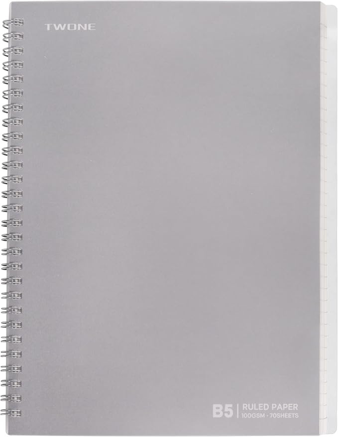TWONE Spiral Notebook, 7"x10", 140 line Ruled Pages, Waterproof Frosted PP Cover, Gray, Ideal for School, Office, and Personal Use