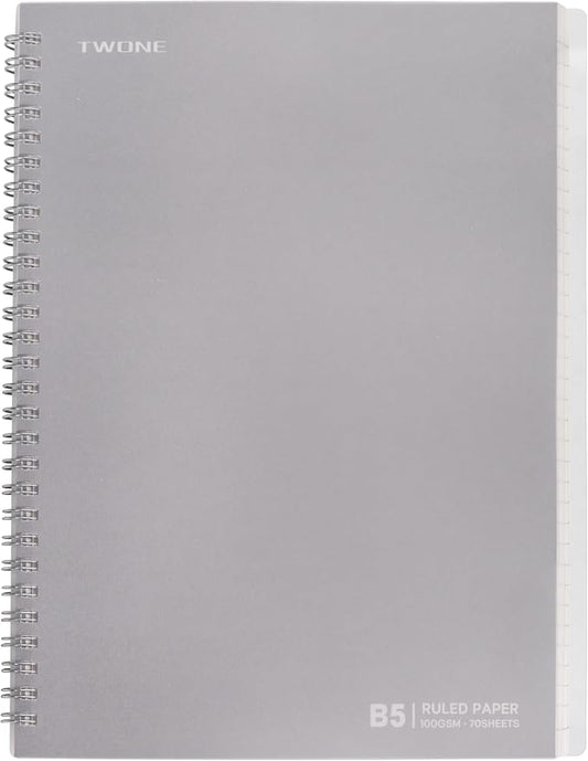 TWONE Spiral Notebook, 7"x10", 140 line Ruled Pages, Waterproof Frosted PP Cover, Gray, Ideal for School, Office, and Personal Use