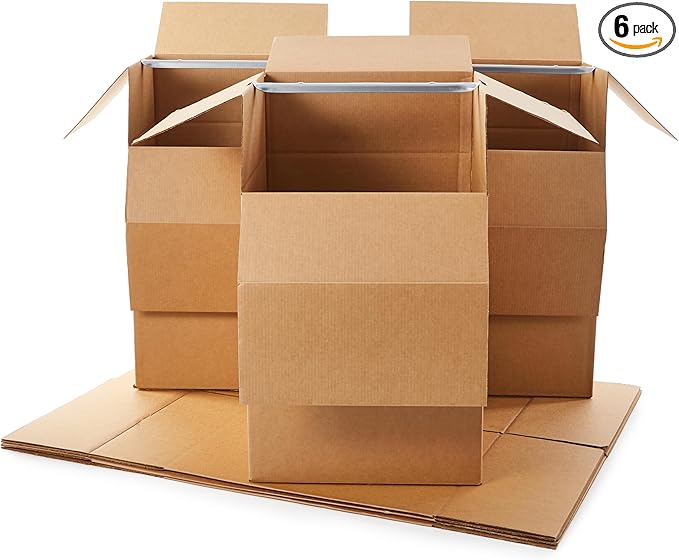 Amazon Basics Wardrobe Clothing Moving Boxes with Bar, 6 Pack, Brown, 24" x 24" x 40"