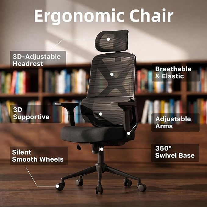 Mesh Ergonomic Office Chair with Lifting Armrests Home Office Desk Chair with Headrest and Backrest 90-150 Adjustable for Home, Office, Gaming, Student（Black）