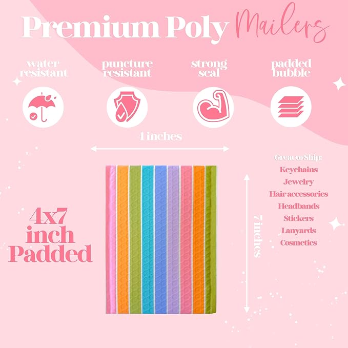 Bubble Mailers, 4x7, Pastel Stripe, 25 Pack | Heavy Duty, Waterproof, Self Seal, Tear Resistant, Designer Bubble Mailing Envelopes for Small Business Packaging