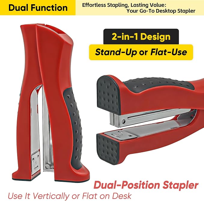 Stand-Up Stapler with 1000 Standard 1/4" Staples, Handheld Ergonomic Soft Grip 2-in-1 Vertical & Flat-Use Desktop Full Strip Stapler for Office, Home, School, Business, Classroom Supplies – Red