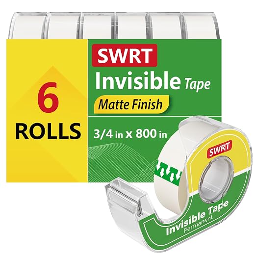 SWRT Invisible Tape with Dispensers, 3/4 in x 800 in, 6 Rolls, Matte Finish | Matte Invisible Finish, Writable Surface, Smooth Cutting, Clean Look for Gift Wrapping, Office, School & Home Use