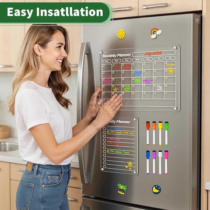 FINDMAG Magnetic Calendar, Fridge Magnets for Whiteboard Dry Erase, 2 Pcs | Acrylic Calendar for Refrigerator, Kitchen Clear Monthly and Weekly Planner Fridge Magnets with 8 Colors Markers