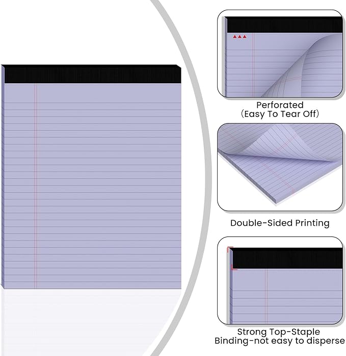 6pcs Legal Pads 8.5 x 11,Notepads 8.5 x 11 Inch, 30 Sheets/Pack, Purple Note Pads Clear Print Writing Pads of Paper, Perforate Wide Ruled Lined with Sturdy Back for Office, Business & School Supplies