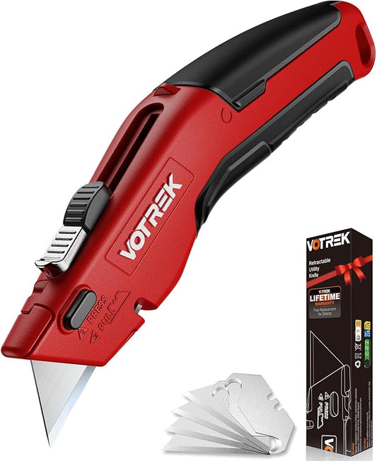 VOTREK® Box Cutter Utility Knife, [2-in-1] Retractable Box Cutter, Heavy Duty Safety Sharp Razor Knife for Home & Warehouse Cardboard, Carpet, [Blade Storage], with Extra Razor & Hook Blades (Red)