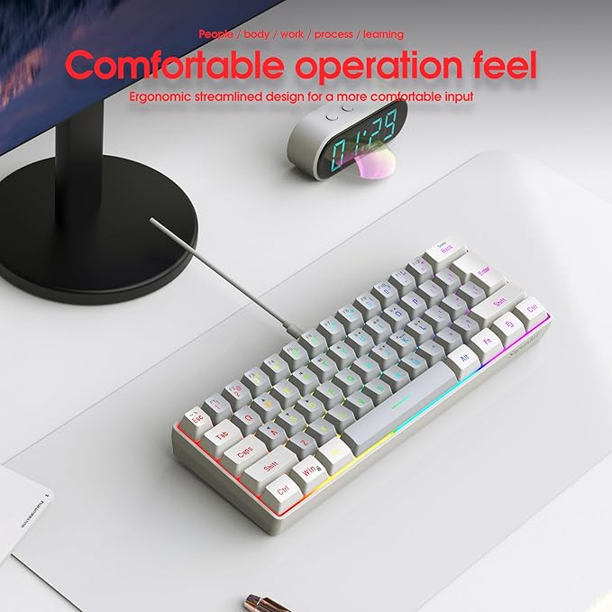 Snpurdiri 60% Wired Gaming Keyboard, SmallUltra-Compact 61 Keys RGB Backlit 60 Percent Gaming Keyboard for PC/Mac Gamer, Typist, Travel, Easy to Carry on Business Trip(White-Grey)