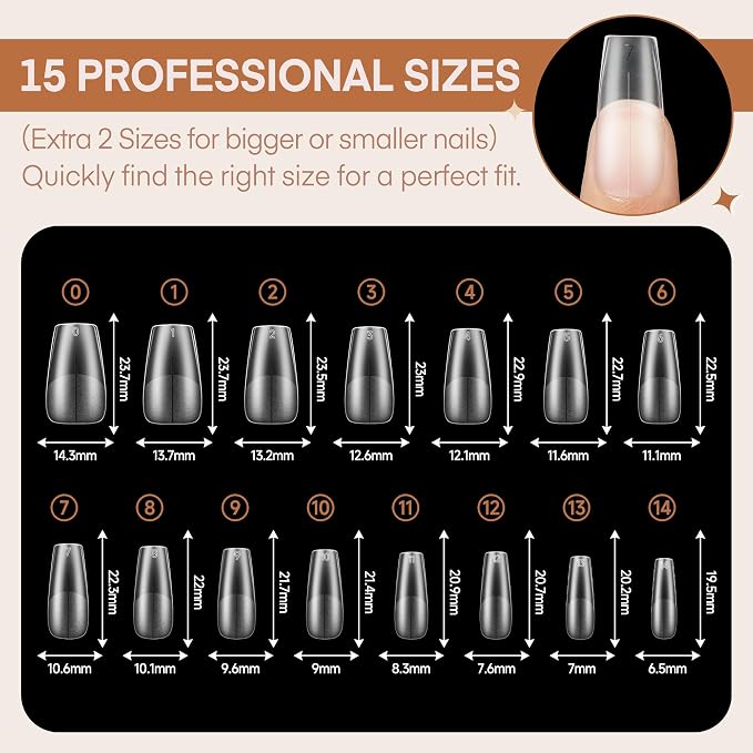 Luckyfairy 504pcs Coffin Nail Tips, 15 Sizes Pre-buff Matte Full Medium Nail Tips, Long Last Press On Nails Fake Tips Soak Off Acrylic Nail Extension Art DIY Salon