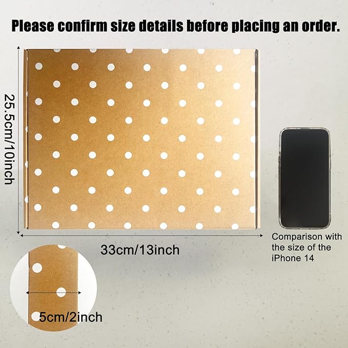 13" x 10" x 2" Shipping Boxes 25 Pack, Brown Corrugated Mailer Boxes, Kraft Cardboard Box White Polka Dot Printed Perfect for Shipping, Large Mailing Boxes for Packaging Business Mailing Literature