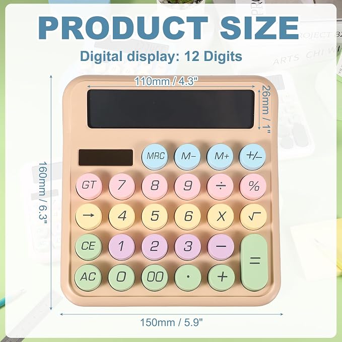 PATIKIL Cute Calculator, Desk Calculator Basic Big Button 12 Digit Large Display Mechanical AAA Battery Solar Power for Office Supplies Girl Female Woman Gift, Colorful Beige