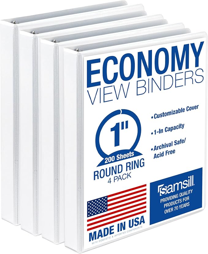 Samsill 1 Inch 3 Ring Binders, Economy Round Ring, Clear View Cover, 200 Sheet Capacity - for School, Home, Office - White, 4 Pack