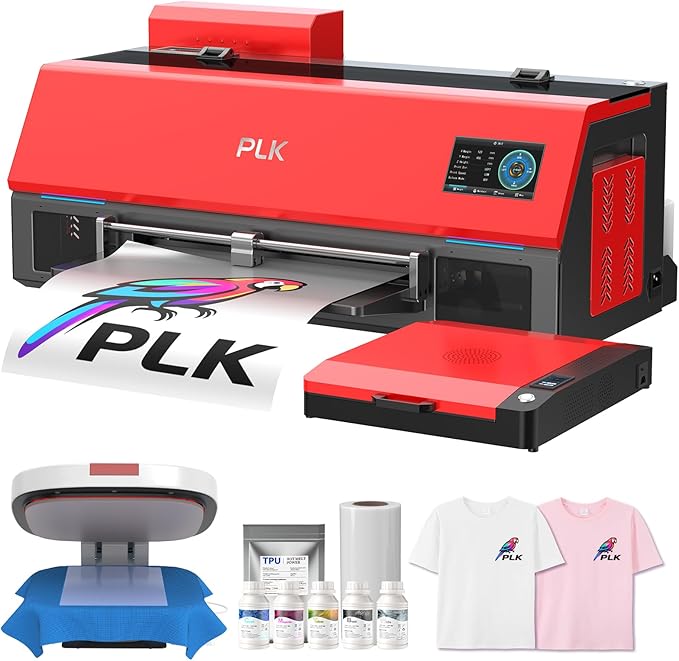 PLK A3 Plus XP600 DTF Printer, Double-Speed Than L1800/L805, 4.5'' Touch Screen, Auto-Cleaning, Dual White Ink System, Film-Cutter, Apparel Printer Machine, 2-Year Ink Included (C13+Oven+Heat Press)