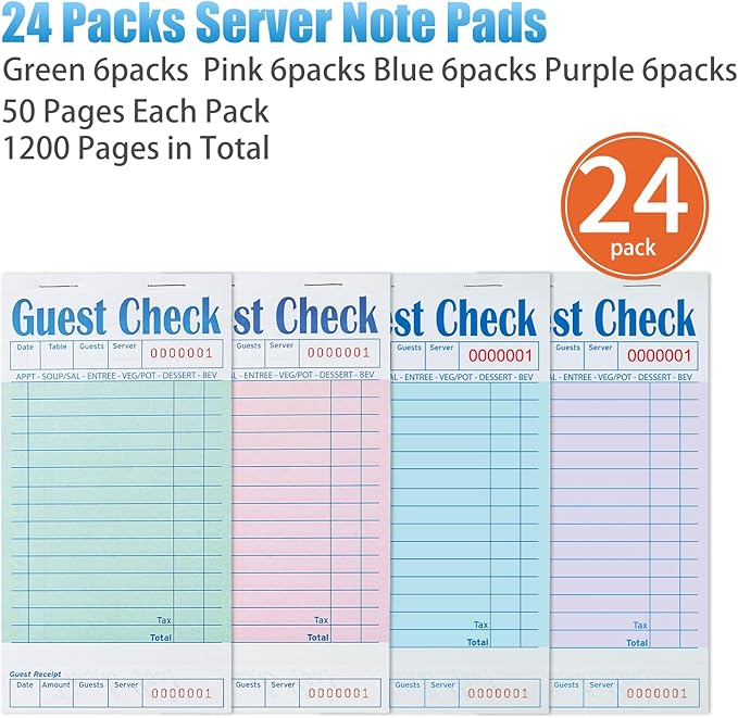 24 Pack Guest Checks Books for Servers Server Note Pads, Waiter Checkbook, Waitress Notepad for Restaurants, 6 Pack Green, 6 Pack Pink, 6 Pack Purple, 6 Pack Blue
