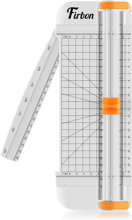 Firbon A5 Paper Cutter, Small Straight Paper Trimmer with Side Ruler | White Compact Design | Cuts Photo, Cardstock, Labels & Coupons | Portable Desktop Slicer | Scrapbooking & Craft Projects