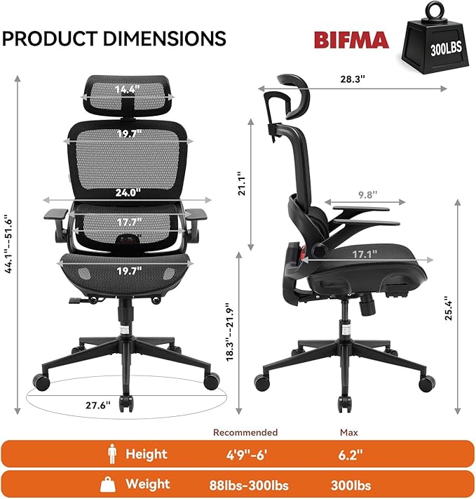 SIHOO B100 Mesh Office Chair, Comfy Ergonomic Office Chair | Mesh Office Chair with Adaptive Lumbar Support, Desk Chair with Wide Headrest, 300 LBS Black