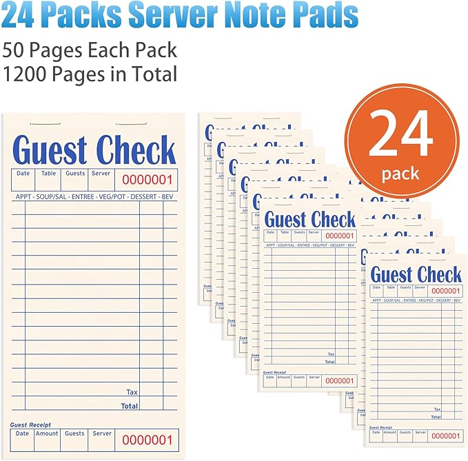 Guest Checks Books for Servers, Server Note Pads, 24 Pack, Natural Color Paper, Waitress Notepad for Restaurants, Waitress Accessories, 1200 Sheets, Blue