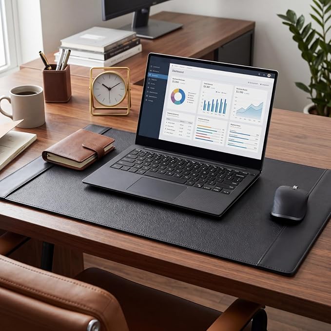 26.5 x 17.3 Inch Leather Desk Pad with Side Rails Mat, Black | Executive Office Desk Mat, Smooth Writing Surface, Desktop Protector Covers Mouse Keyboard, Elegant Gift, Men Dad Husband