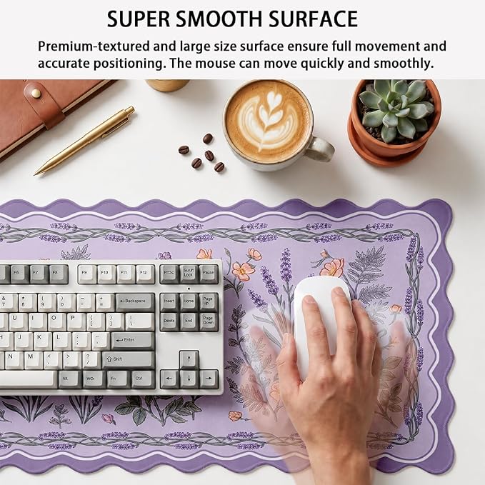 Lavender Floral Scalloped Mouse Pad Bird Botanical Lilac Garden Large Gaming with Stitched Edges,Non-Slip Waterproof Rubber Base Mous Mat Office Computer Keyboard Laptop Home 31.5"x15.7"