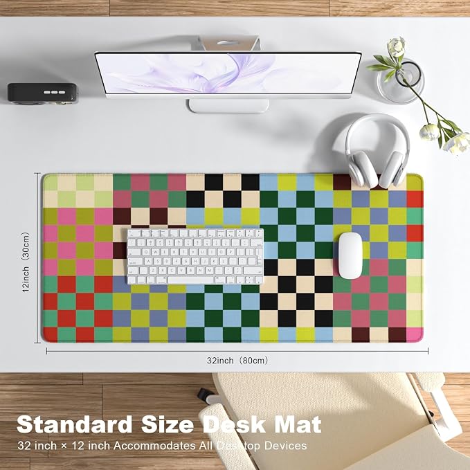 Desk Mat, Large Gaming Mouse Pad, 32" x 12", Cute Retro Checkered | Waterproof Desk Pad, Non-Slip Rubber Base, Desktop Mat with Stitched Edges, Desk Accessories for Office, Work, Home